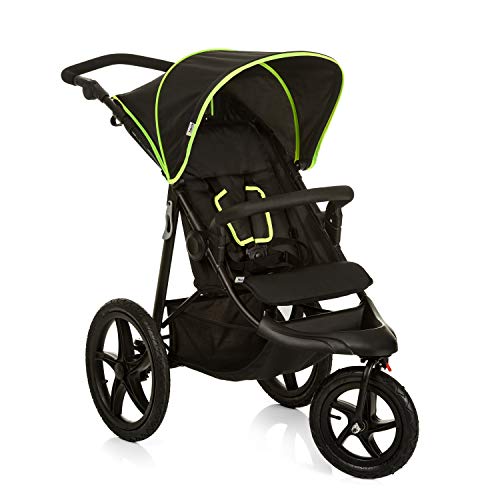 hauck Kinderwagen Runner, Dreirad Buggy mit XL Lufträder für Kinder bis 22 kg, Belüftungsfenster, Höhenverstellbar, Faltbar, XL Korb bis 3 kg, Liegefunktion (Black / Neon Yellow)