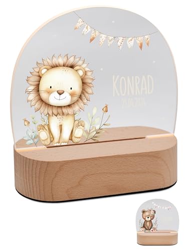 Bärenfreunde® - Personalisiertes Nachtlicht für Babys - Individuelle Nachttischlampe für Kinder - Personalisierte Geschenke Kinder - Babygeschenk - Geschenk zur Geburt (Löwe Zweige Girlande)