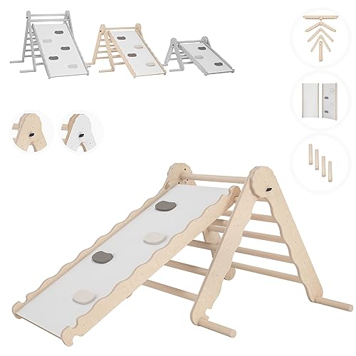 MAMOI® Klettergerüst Indoor, Kletterdreieck mit rutsche Holz, Baby Kinder Klettern, Kletterturm rutschbrett, Kletterbogen kinderrutsche, Regenbogenwippe, Montessori Spielzeug ab 1 Jahr 2/3 Jahre