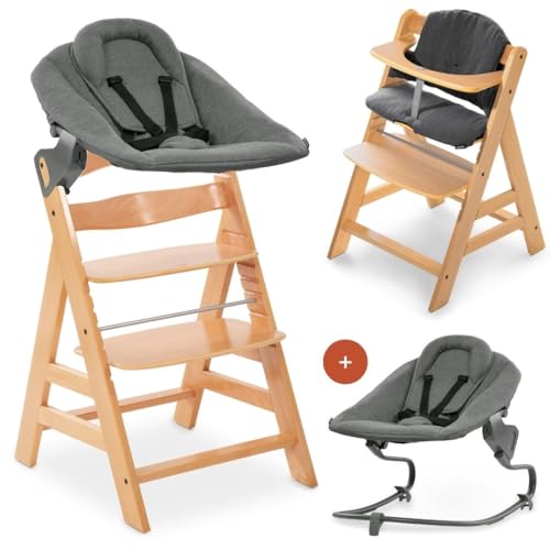 hauck Alpha Plus Newborn Set mit Premium Bouncer Dark Grey - Baby Holz Hochstuhl ab Geburt mit Liegefunktion - extra flacher Aufsatz für Neugeborene & Baumwoll Sitzpolster - Natur