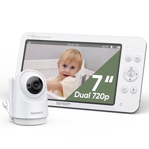 bonoch 7 Zoll Babyphone mit Kamera, 720P HD 6000mAh Akku Video Babyphon, Nachtsicht,beidseitige Audiofunktion, Remote-PTZ, VOX-Modus, Temperatursensor, 8 Schlaflieder