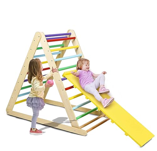 DREAMADE Kletterdreieck Sprossendreieck mit Rutschbrett, Indoor Klettergerüst klappbar für Kinder ab 3 Jahr, Kletterspielzeug Holzdreieck mit Mehrfarbigen Stufen, Klettergerät Dreieck aus Massivholz