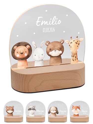 Bärenfreunde® - Personalisiertes Nachtlicht für Babys - Individuelle Nachttischlampe für Kinder - Personalisierte Geschenke Kinder - Babygeschenk - Geschenk zur Geburt (4 Tiere Punkte)