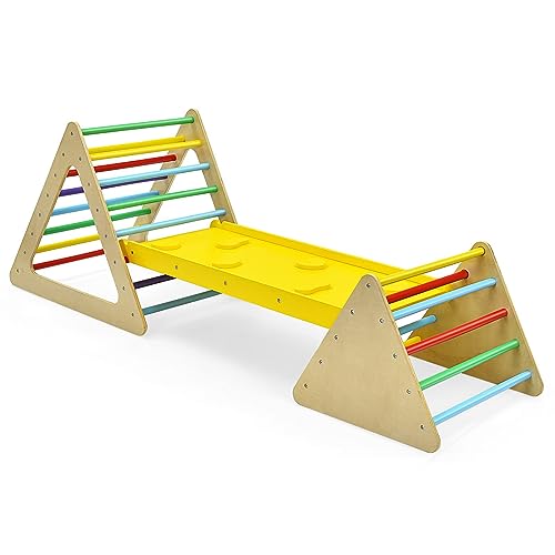 DREAMADE 3 in 1 Kletterdreieck mit Rutschbrett & Leiter, Indoor Klettergerüst klappbar, Holzdreieck Sprossendreieck Klettergerät, Kletterspielzeug Set aus Holz, für Kinder ab 3 Jahre (Bunt)