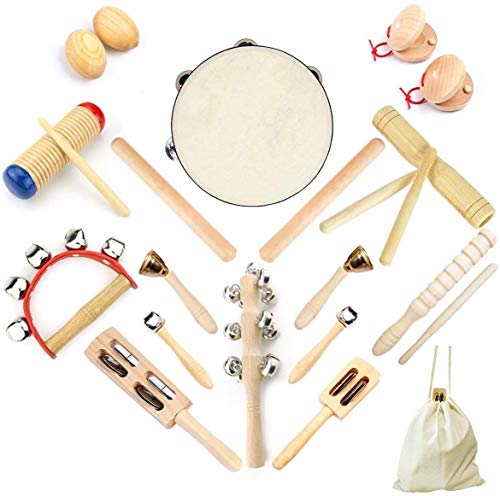 Ulifeme 23 Stück Musikinstrumente Set, Musical Instruments Holz Percussion Set für Kinder, Baby und Kleinkinder, Reines Holz Musikinstrumente Spielzeug, Musik Rhythmus Set Verpackt in Baumwolltasche