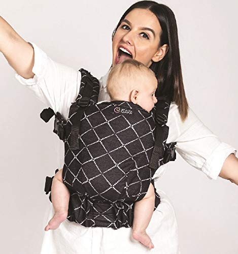 Isara The One Diamonda Black Babytrage - verstellbaren Babybauchtrage - 3 - 20 kg - Für Neugeborenen ab geburt - Bauch und Rückentrage - baby tragesystem - 100% Bio Baumwolle
