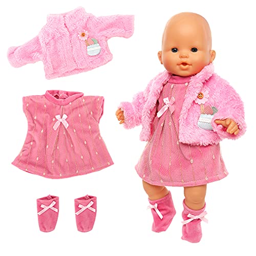 Miunana Kleidung Bekleidung Outfits für Baby Puppen, Puppenkleidung 35-43 cm, 3 teilig, Kleid Mantel Socke