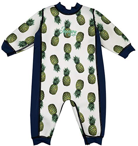 Aquajoy Warmsy - Premium Wende-Schwimmanzug | Warmer Neoprenanzug für Babys & Kleinkinder | Warme Ganzkörper-Badebekleidung für Jungen & Mädchen | 2 in 1-Design (Blaue Ananas) Gr. 0-3 Monate