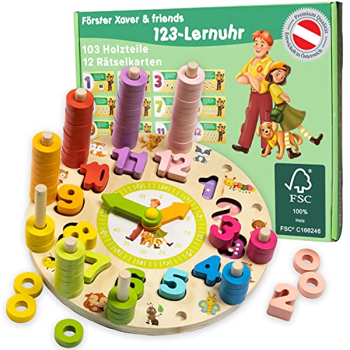Förster Xaver® 2-in-1 LERNUHR: Zahlen und Farben spielerisch entdecken - Holzspielzeug ab 2 Jahren