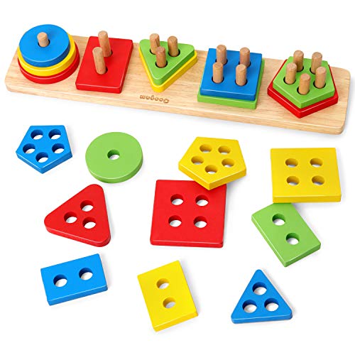 Coogam Holz Sortier- und Stapelspielzeug, Form Farberkennungsblöcke Passender Puzzle-Stapler, Montessori Early Educational Block Puzzles für jahrelange Jungen und Mädchen
