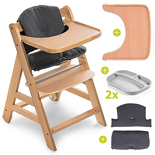 hauck Hochstuhl Set Alpha Plus Move inkl. Essbrett, Sitzkissen und 2x Babyteller Silikon - mitwachsender Holz Babystuhl/Kinderhochstuhl mit Rollen, Gurt und Tisch - Natur Dunkelgrau