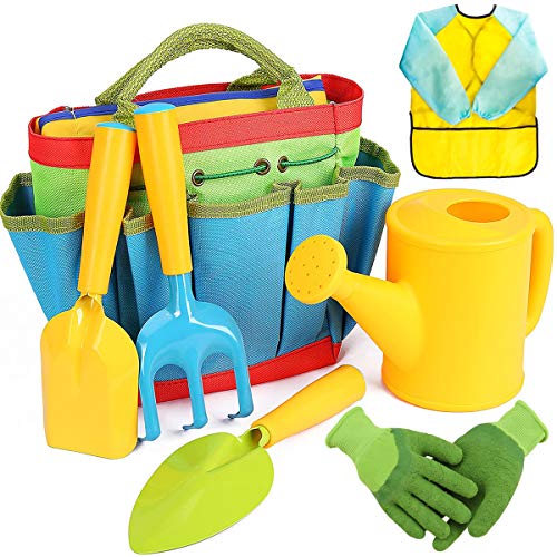 Shinelee 7 Stück Gartenspielzeug für Kinder Gartengeräte Gartenhandschuhe Kinder Garten Werkzeugtasche Gießkanne Schaufel Rechen Spaten Schürze Gartenwerkzeug Set für Kinder Jungen Mädchen