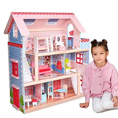 Infantastic® Puppenhaus - aus Holz, 3 Etagen, mit LED, Zubehör/Möbel, ab 3 Jahre, für 13cm große Puppen - Doll House, Puppenvilla, Spielhaus, Puppenhäuser für Kinder, Mädchen, Jungen