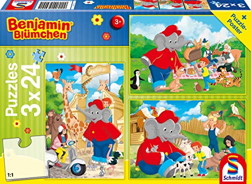 Schmidt Spiele 56400 Benjamin Bluemchen, Zoo, 3x24 Teile Kinderpuzzle, Bunt