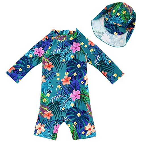 upandfast Baby Badeanzug mit Sonnenhut UPF 50+ Badebekleidung für Baby(Blaue Blume,3-6 Monate)