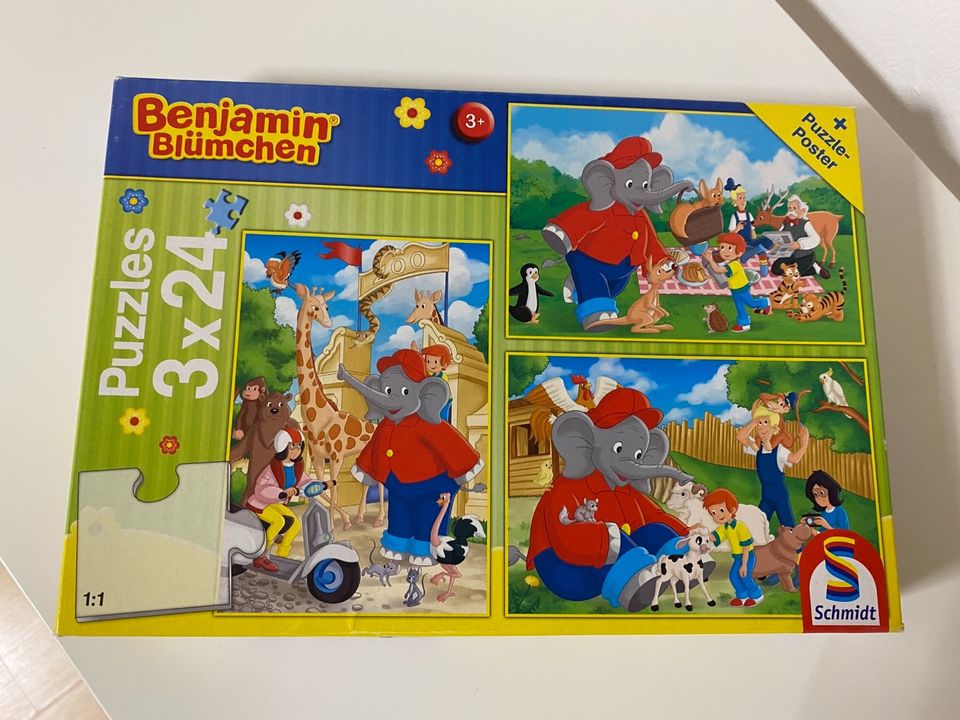 Dreiteiliges Puzzle-Set von Schmidt Spiele mit Benjamin Blümchen Motiven, geeignet für Kinder ab 3 Jahren