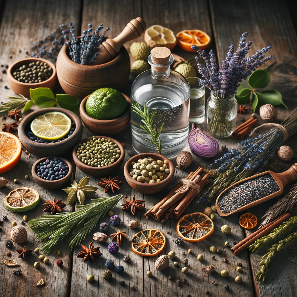 Eine Sammlung von Botanicals für die Gin-Herstellung, darunter Wacholderbeeren, Koriandersamen, Zitrusfruchtschalen, Kardamom und Lavendel, künstlerisch auf einem rustikalen Holztisch arrangiert.