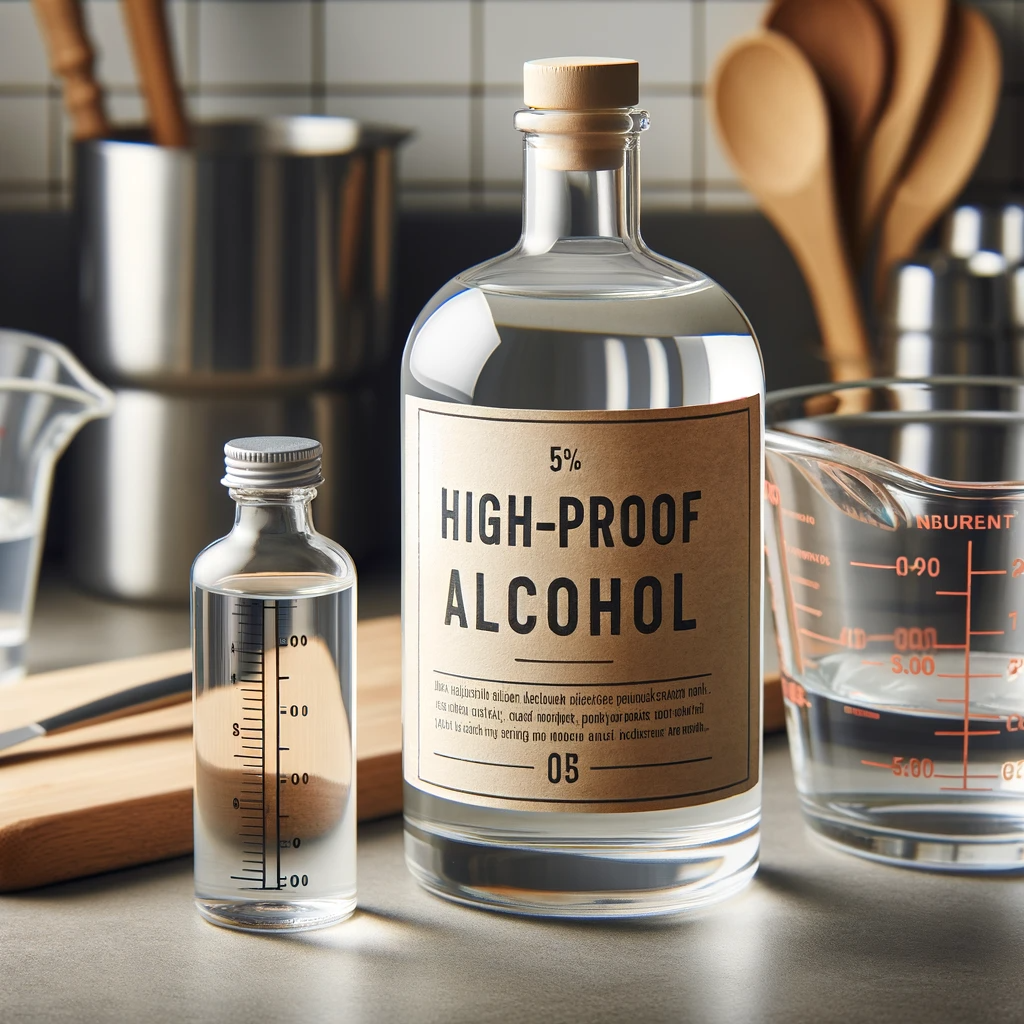 Eine klare Flasche hochprozentigen Alkohols wie Wodka, auf einer Küchenarbeitsplatte mit einem Messbecher.