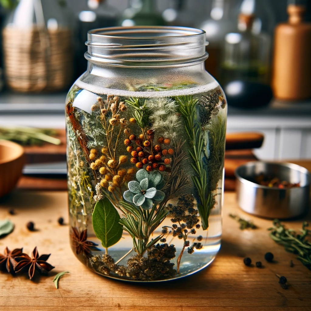 Ein Glasgefäß, gefüllt mit einer Mischung aus Alkohol und verschiedenen Botanicals, illustriert den Mazerationsschritt in der Gin-Herstellung.