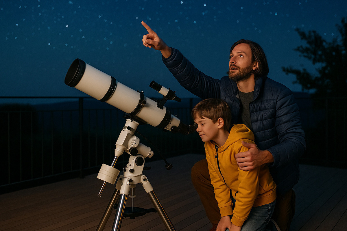 vater und sohn mit einem teleskop bei nacht draußen